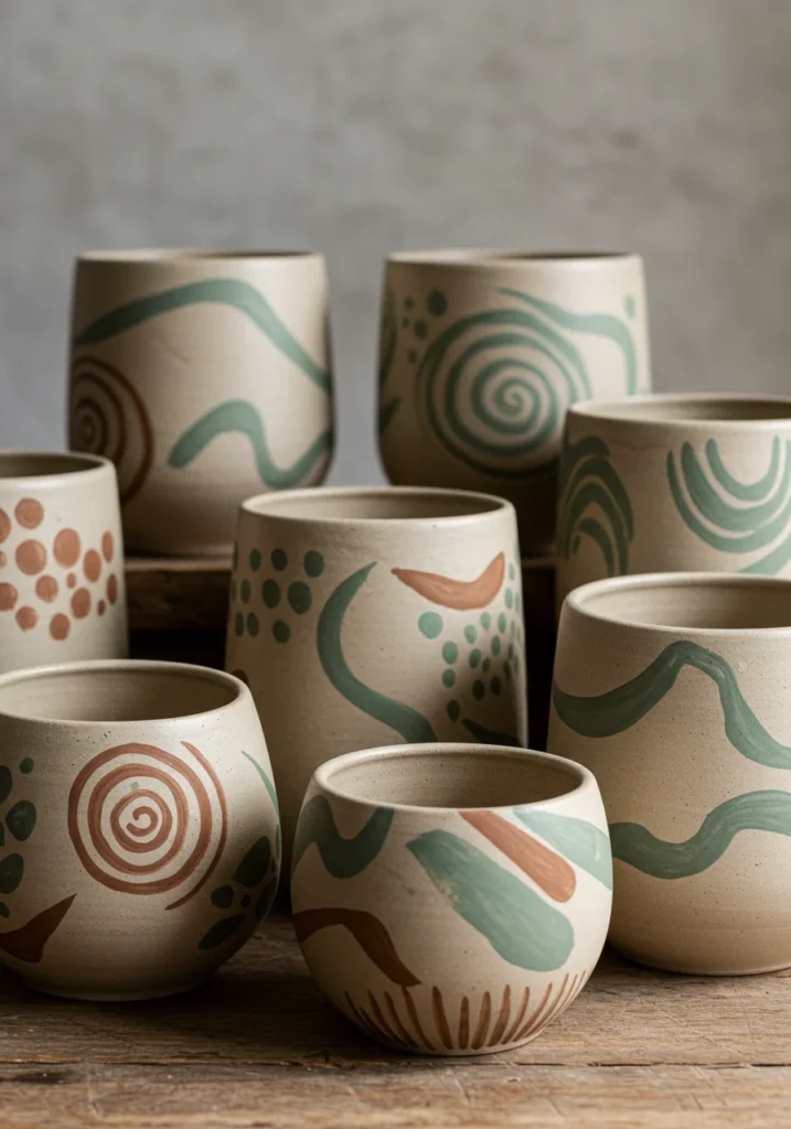 Hand-painted ceramic plant pots with abstract patterns in earthy tones