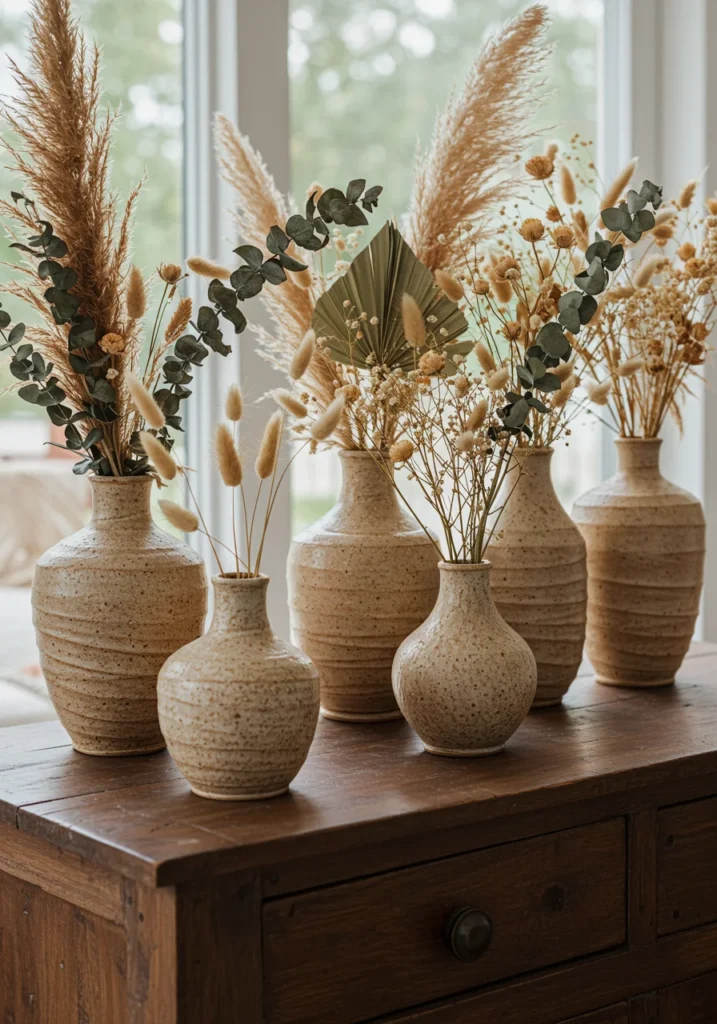 Handmade ceramic vases with dried flowers on a wooden console table