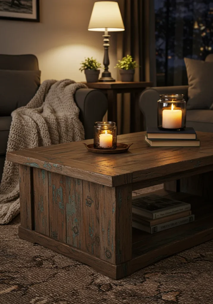Handmade rustic wooden coffee table with distressed finish