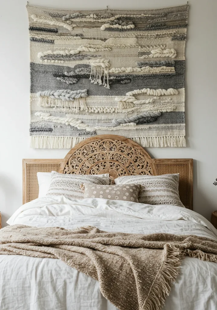 Handwoven neutral wall tapestry above bohemian-style bed