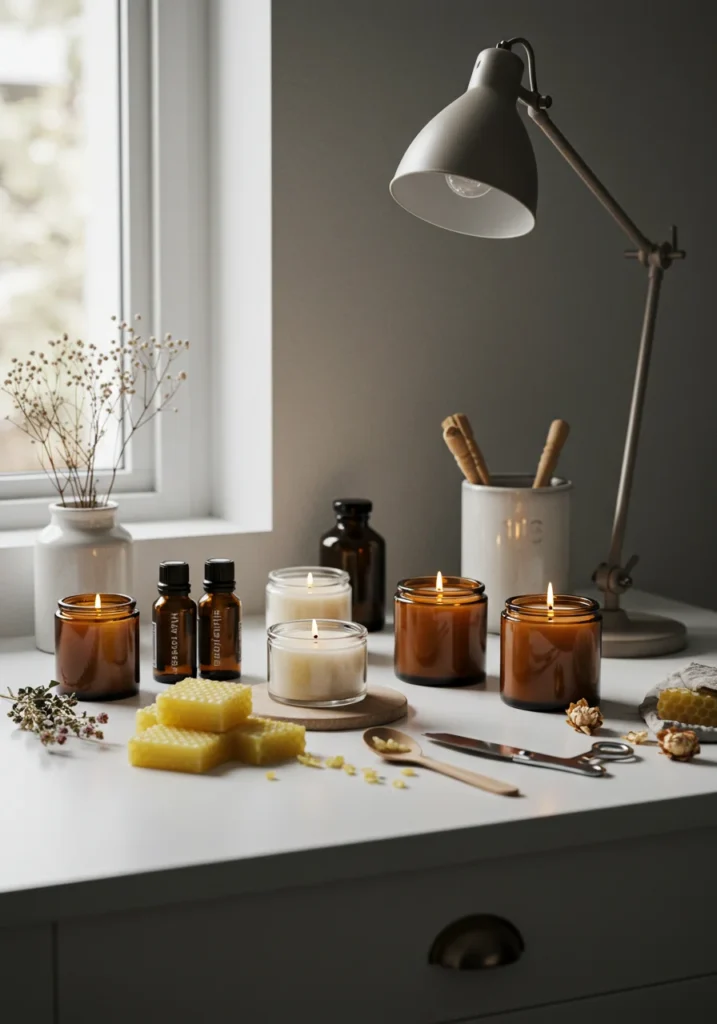 Minimalist DIY candle-making station with natural wax, essential oils, and aesthetic jars