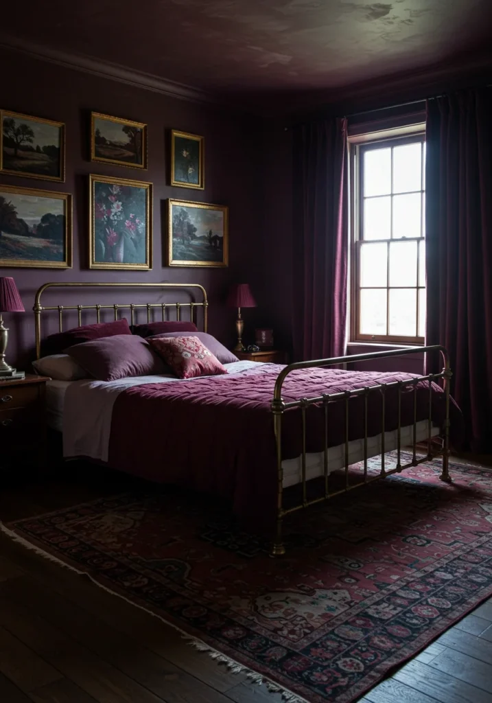 Moody bedroom with burgundy and purple tones, framed art, and metal bed frame