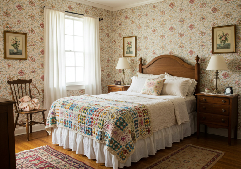 A collection of 15 Grandma Core bedroom décor ideas featuring vintage elements, floral patterns, cozy textures, and nostalgic design, creating a warm and inviting atmosphere.