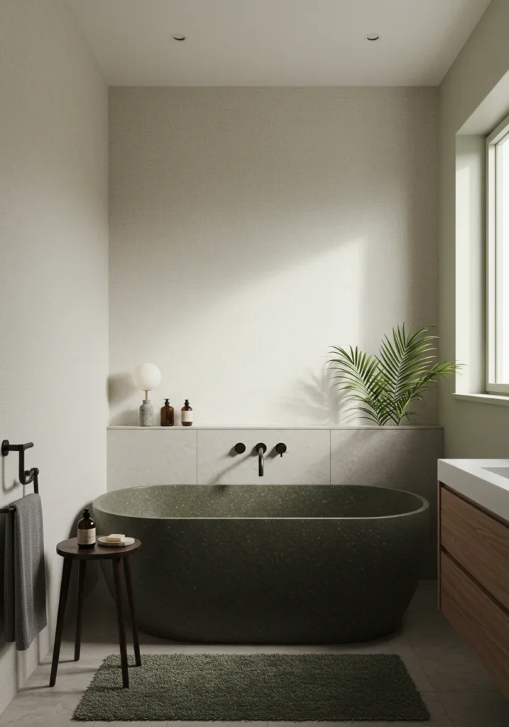 A Japandi-style Evergreen Fog bathroom with minimalist décor, a stone soaking tub.
