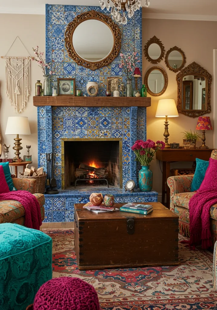 A bohemian-style living room featuring a colorful tiled fireplace, vibrant throw blankets, and eclectic decor, making a lively statement.
