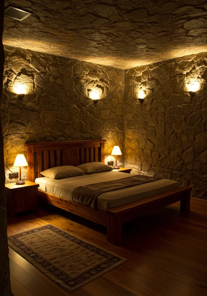 A cave-inspired therian bedroom featuring stone-textured walls and dim warm lighting, creating a secluded and earthy atmosphere.