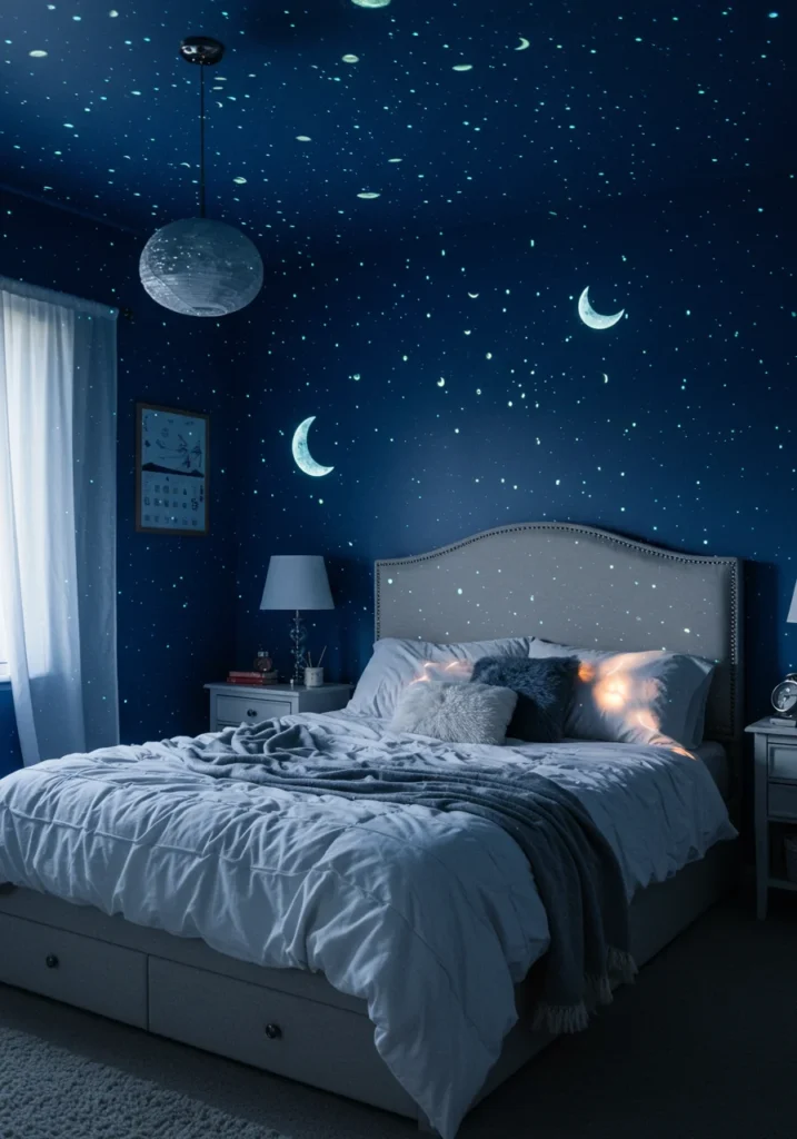 A celestial therian bedroom featuring glowing moon and star projections, creating a dreamy and otherworldly atmosphere.