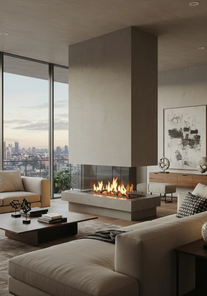 A chic, urban living room featuring a glass-fronted fireplace integrated into the wall, complemented by modern furniture and large windows, creating a stylish and airy space.