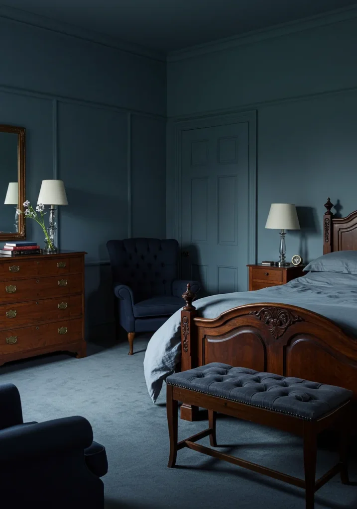 A classic moody blue bedroom featuring soft blue-gray walls and traditional furniture, creating a timeless and elegant atmosphere.