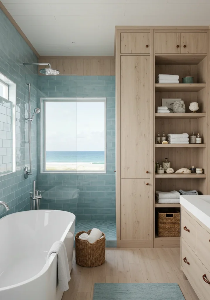 A coastal wood bathroom featuring light driftwood paneling and soft blue tiles, evoking a breezy, beach-inspired atmosphere.