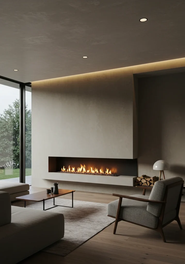 A contemporary living room featuring a floating fireplace mounted on the wall, surrounded by minimalist furniture and soft lighting, creating a sleek and inviting atmosphere.