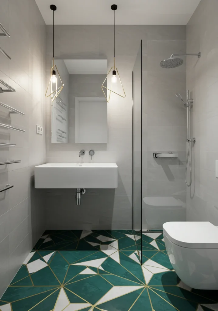 A contemporary small bathroom featuring a bold, geometric tile floor.