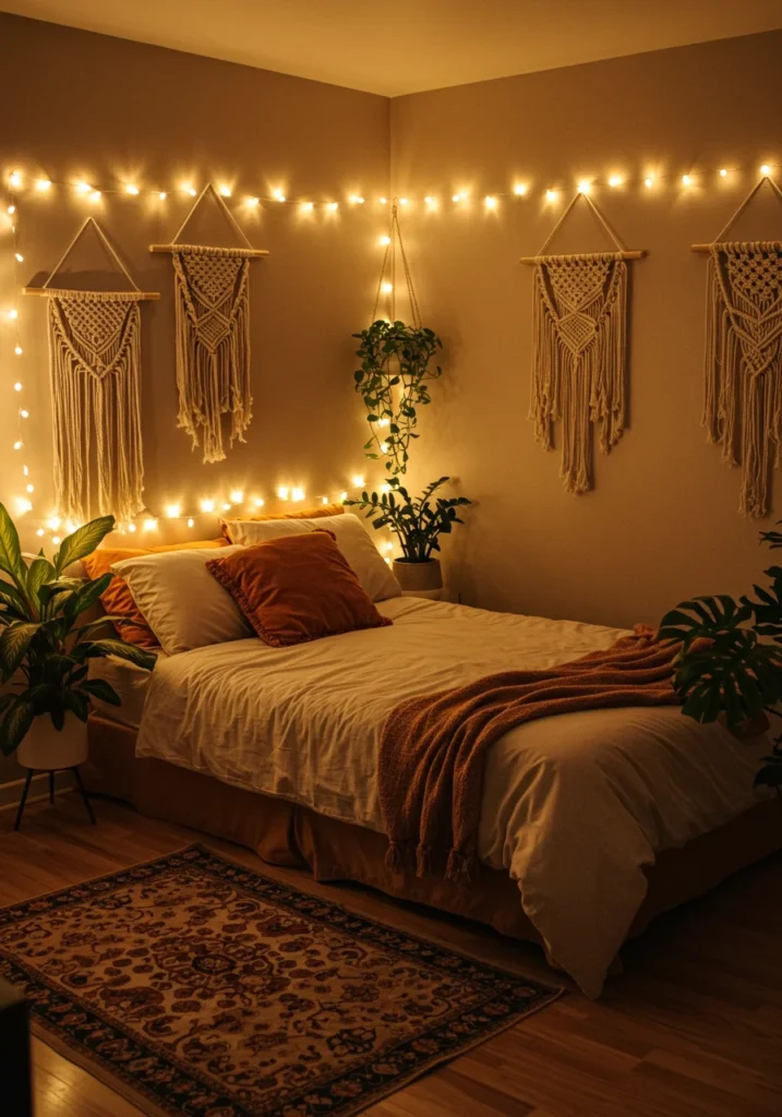 A cozy, bohemian-style bedroom featuring warm fairy lights and macrame wall hangings, creating a relaxed and eclectic atmosphere.
