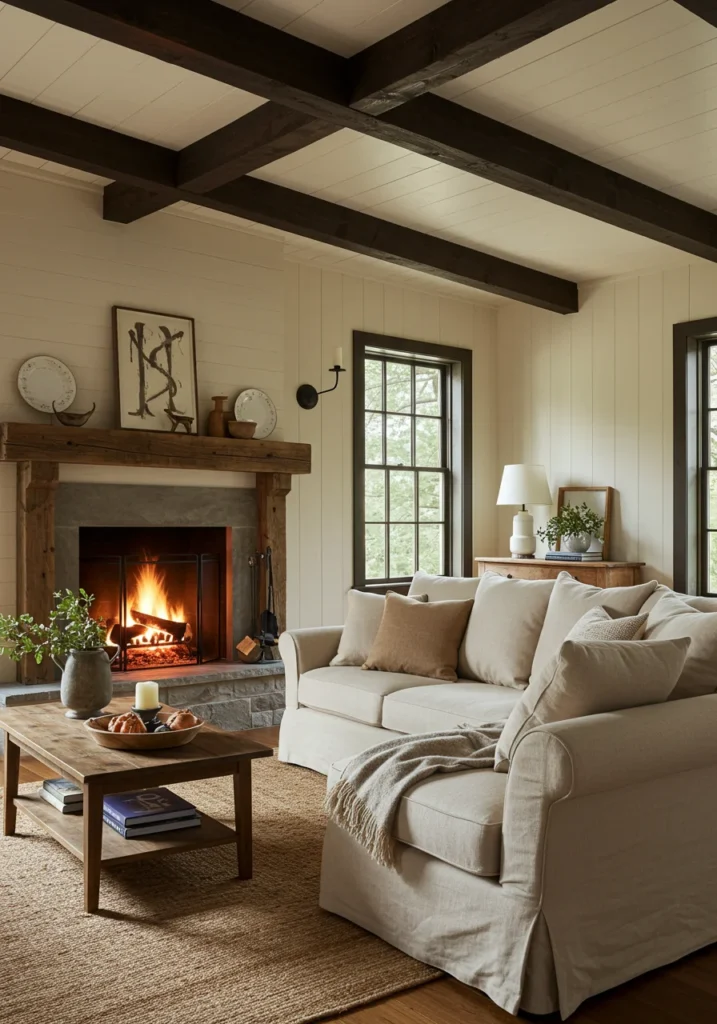A cozy farmhouse-style living room with a wooden mantel, a roaring fire, and soft, plush cushions on the couch, creating a relaxed and inviting vibe.
