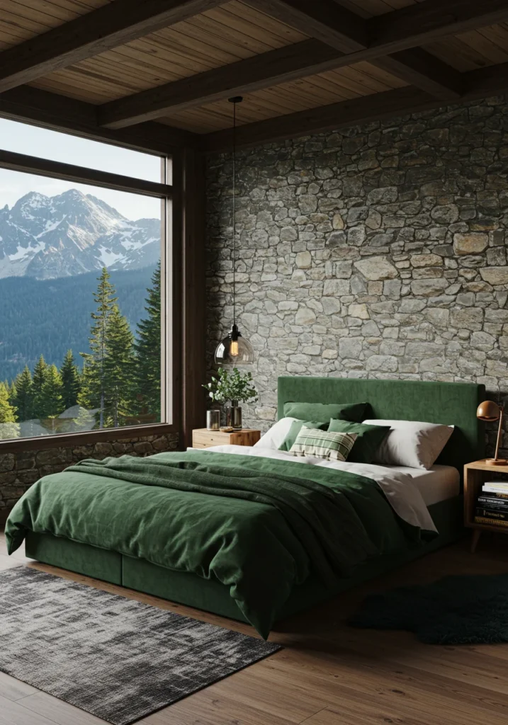 A cozy mountain-inspired therian bedroom featuring stone fireplace wallpaper, creating a warm and rustic atmosphere.