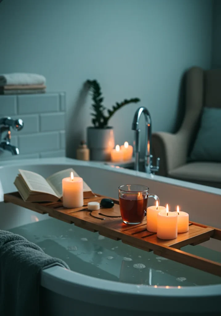 Cozy spa bathroom with a wooden bathtub tray holding a book and a cup of tea.