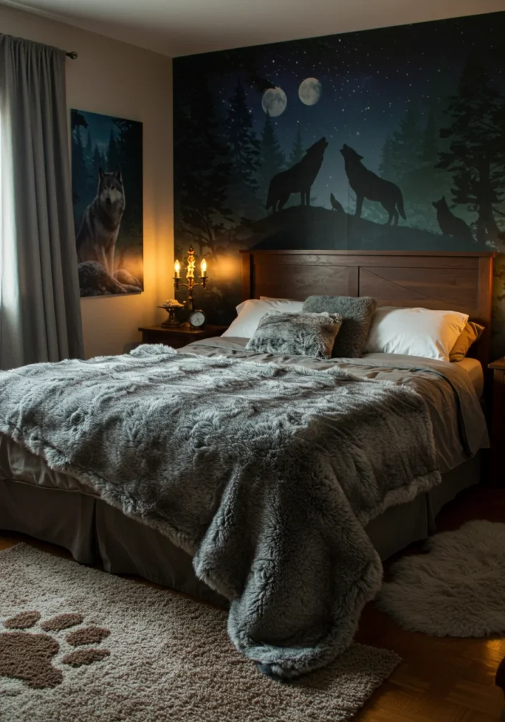 A cozy wolf-themed therian bedroom featuring fur blankets and moonlit wall art, creating a serene and wild atmosphere.