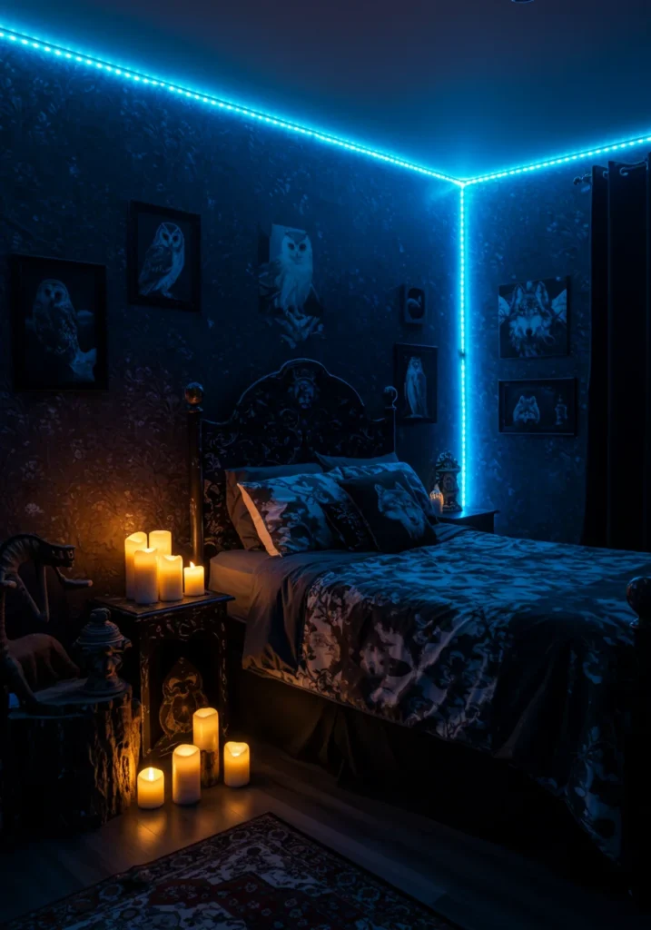 A dark and mystical therian bedroom featuring deep forest wallpaper and glowing blue lights, creating an enchanting and otherworldly atmosphere.