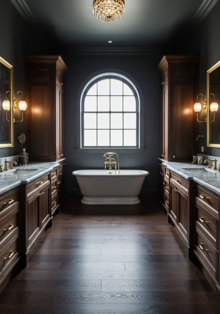 A dark wood bathroom featuring walnut cabinets, marble countertops, and gold accents, creating an elegant and luxurious atmosphere.