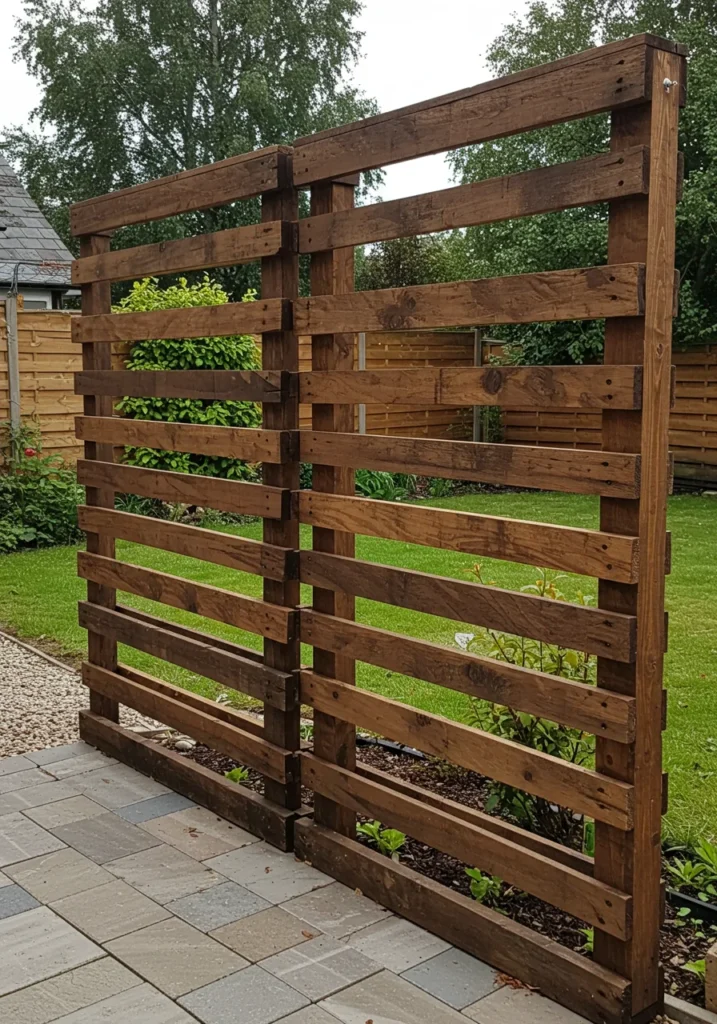 A decorative outdoor privacy screen made of repurposed wood pallets, offering a rustic yet functional design.