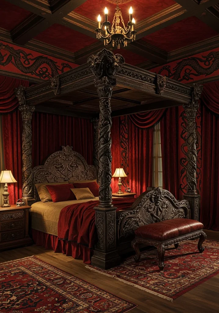 A dragon-inspired therian bedroom featuring medieval decor and dark red and black hues, creating a bold and mystical atmosphere.