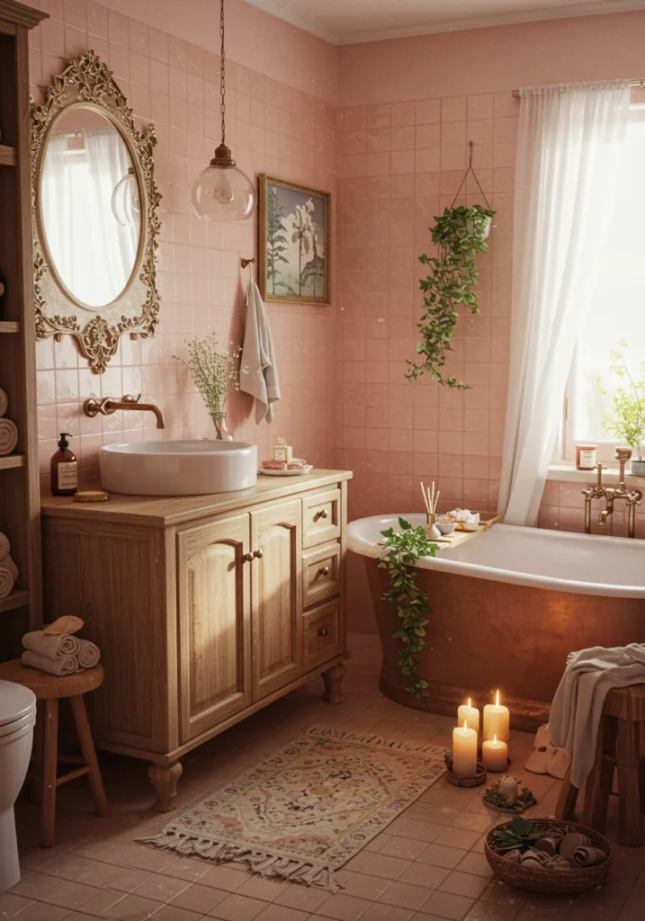 A dreamy pastel-toned boho bathroom with blush pink tiles, wooden cabinetry.