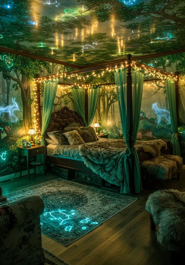 A fantasy-themed therian bedroom featuring enchanted forest murals and glowing fairy lights, creating a magical and otherworldly atmosphere.