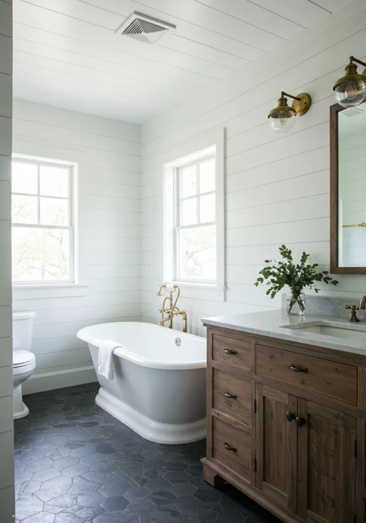 A farmhouse-inspired Evergreen Fog bathroom with white shiplap walls, a rustic wood vanity.