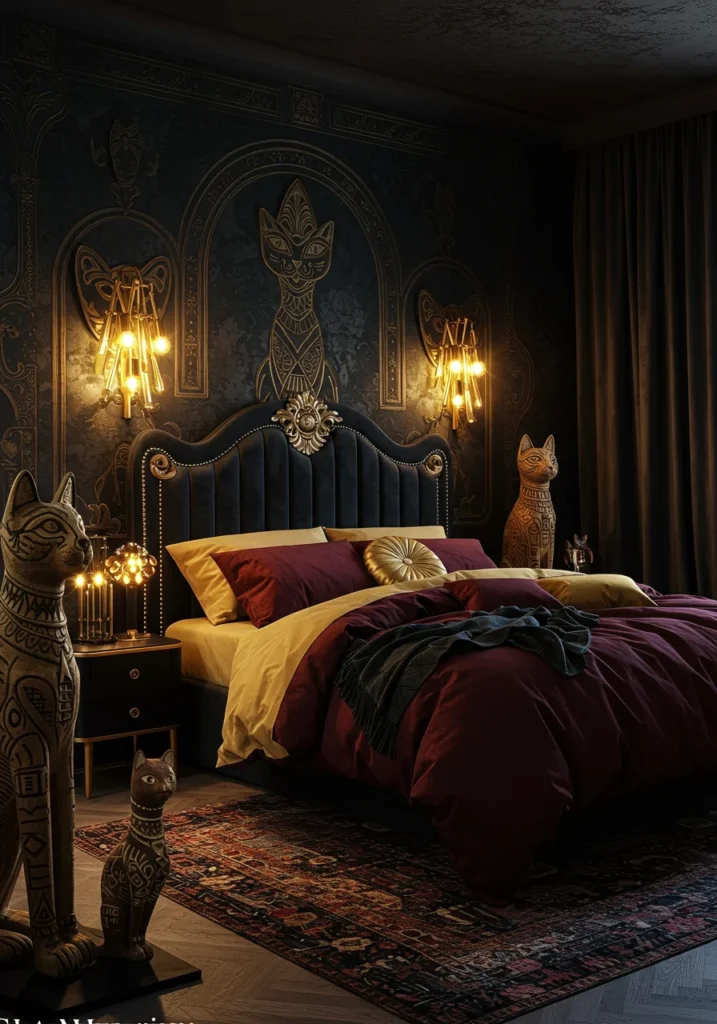 A feline-inspired therian bedroom featuring sleek black and gold decor, creating an elegant and powerful atmosphere.