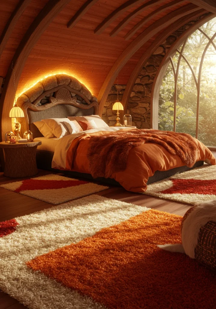 A fox-inspired therian bedroom featuring warm orange tones and cozy layered rugs, creating a comfortable and earthy atmosphere.