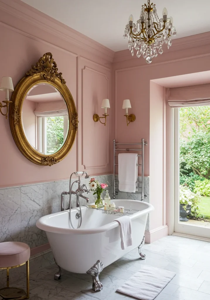Glamorous master bathroom with blush pink walls, gold sconces, and a clawfoot tub.
