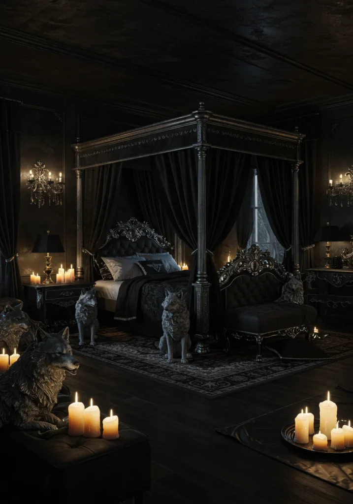 A gothic therian bedroom featuring black and silver decor with wolf statues, creating a dark, mysterious atmosphere.