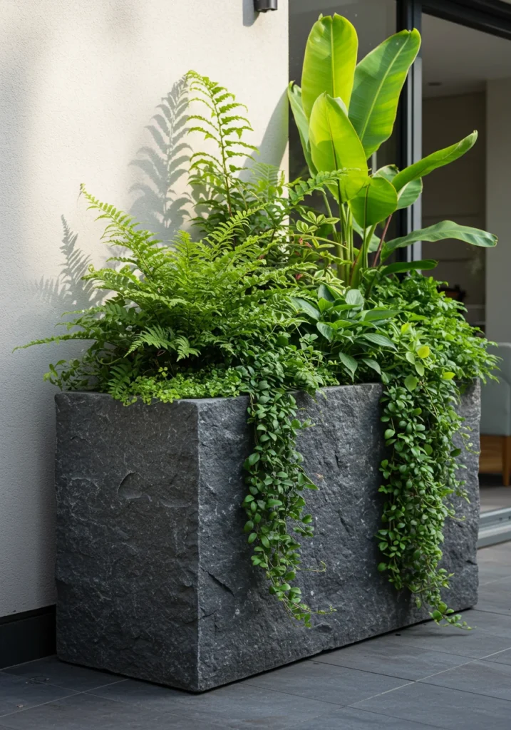 A large, rectangular planter box made of stone, showcasing a mix of greenery and tropical plants, creating an elegant and lush outdoor display.