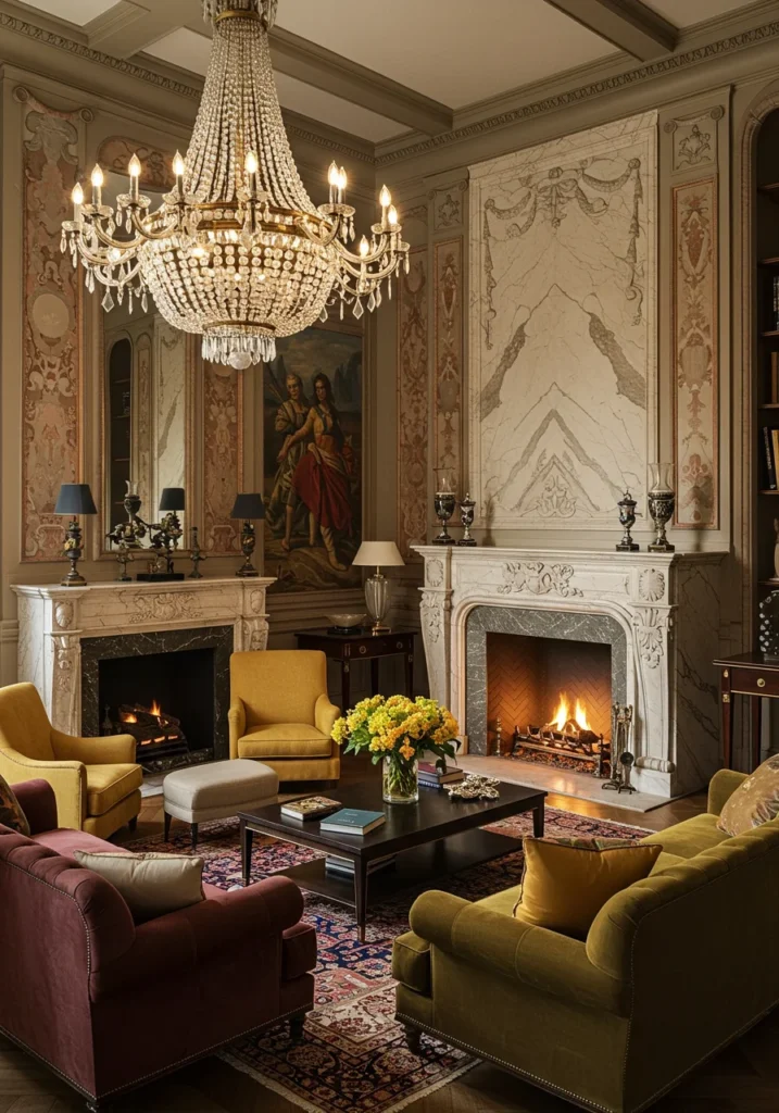 A living room featuring a grand marble fireplace, ornate detailing, and plush seating, creating an elegant and luxurious ambiance.