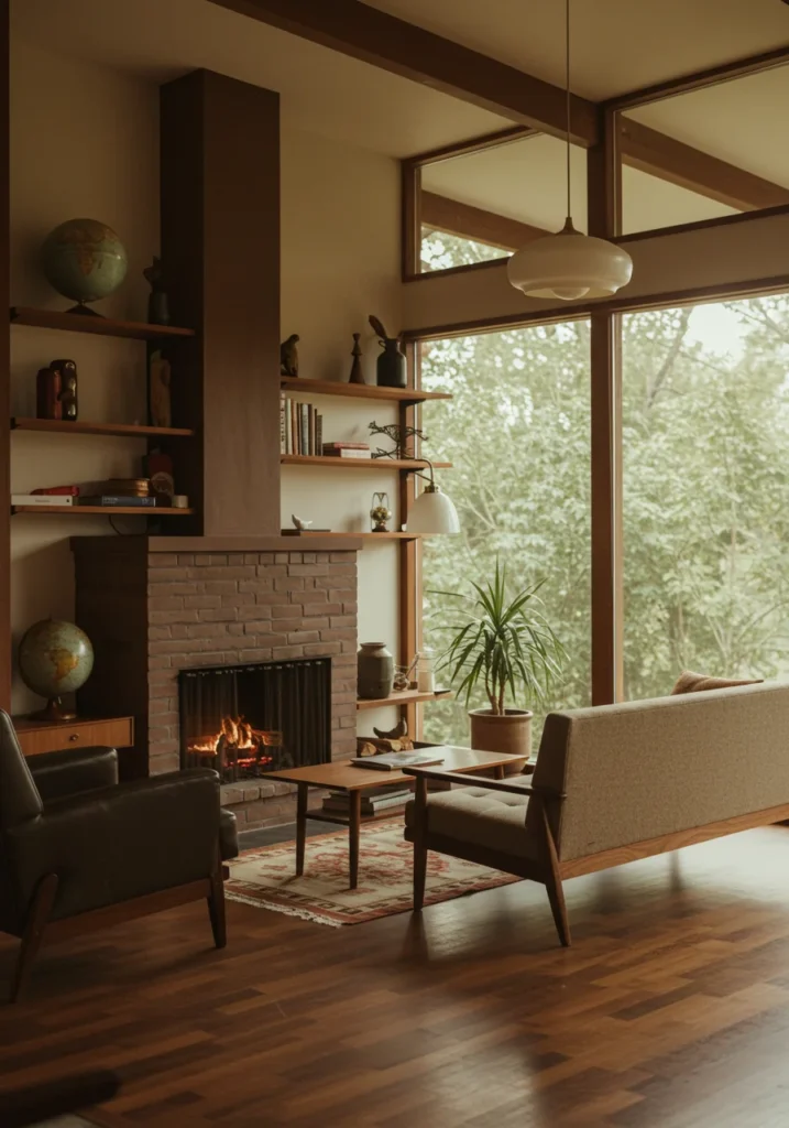 A mid-century modern living room featuring a low-profile fireplace, clean wooden shelves, and retro furniture, creating a retro-inspired look.