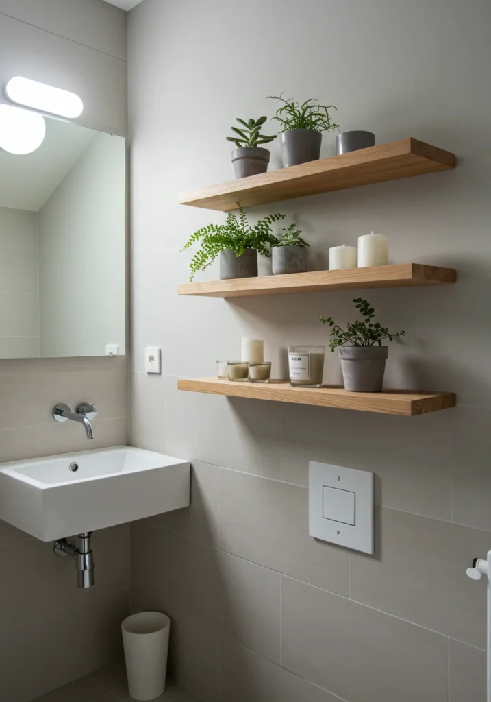 A minimalist bathroom featuring neutral tones, a wall-mounted sink, and floating wooden shelves, creating a clean and modern atmosphere.