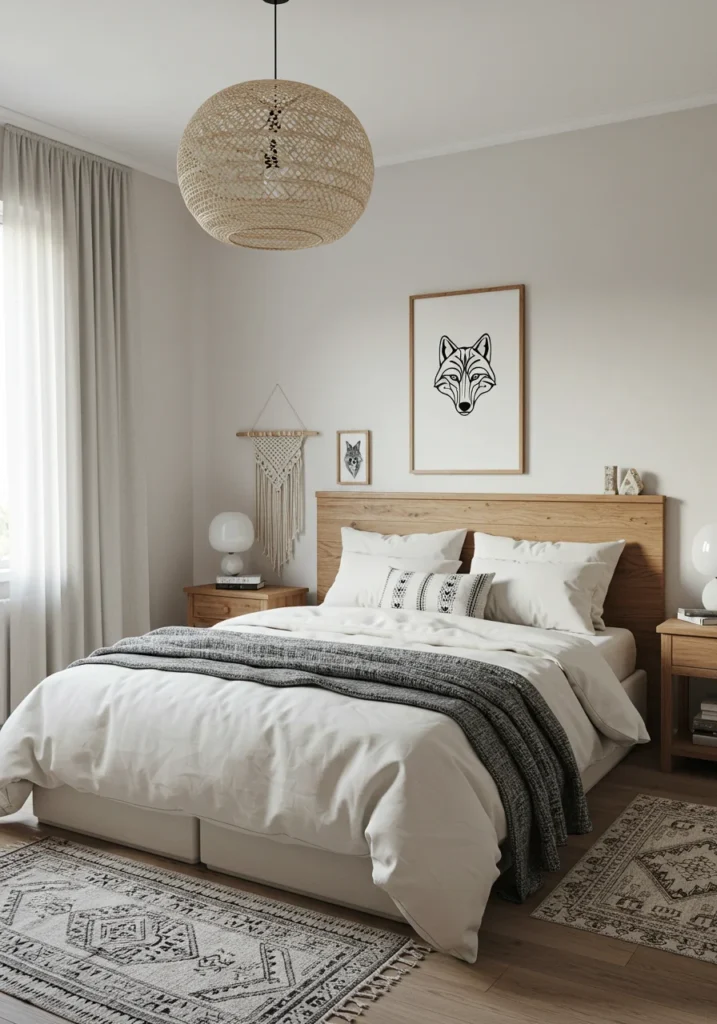 A minimalist therian bedroom featuring neutral tones, tribal patterns, and subtle animalistic artwork, creating a serene and nature-inspired atmosphere.