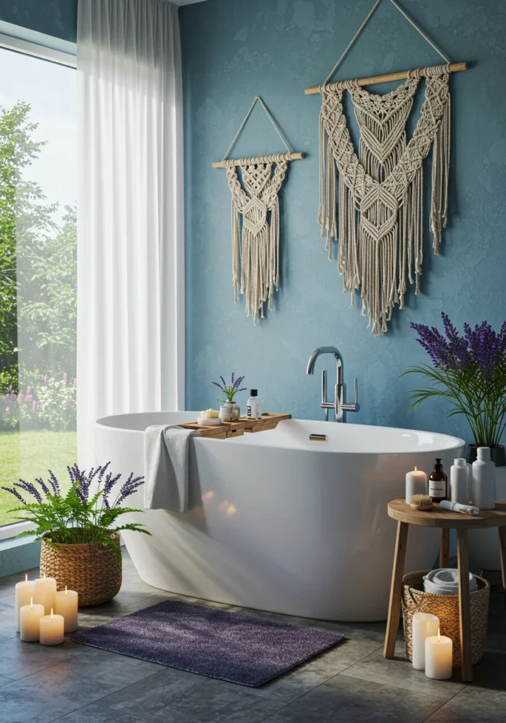 Modern bohemian spa bathroom with macrame wall hangings and a wooden bath caddy.