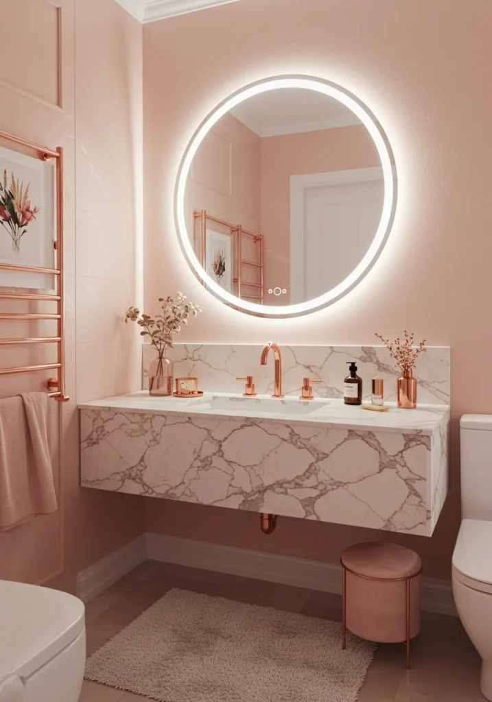 A modern girly bathroom with blush walls, a marble vanity, rose gold faucets, and a round LED mirror.