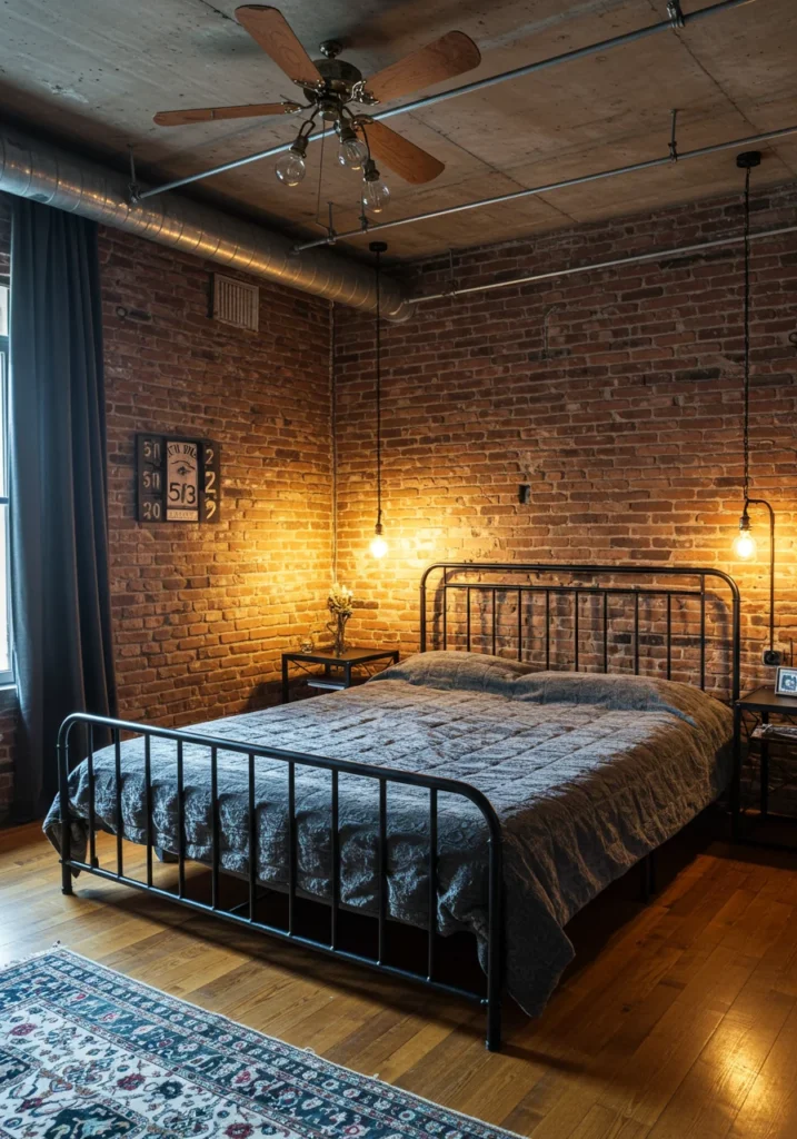 A modern industrial master bedroom featuring exposed brick walls, creating a bold and stylish atmosphere.