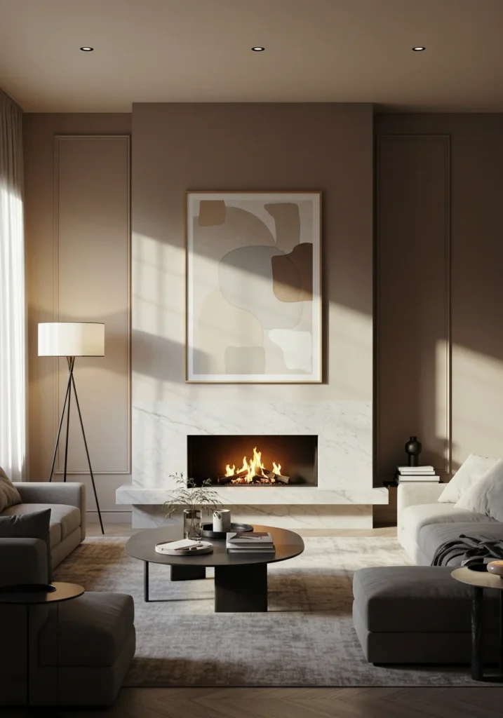 A modern living room featuring a sleek, minimalistic fireplace surrounded by clean lines and neutral decor, creating a cozy yet stylish space.