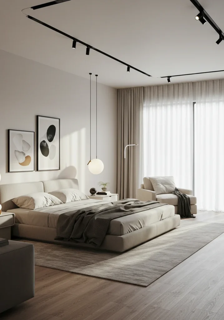 A modern master bedroom featuring sleek furniture and a neutral color palette, creating a clean and sophisticated atmosphere.