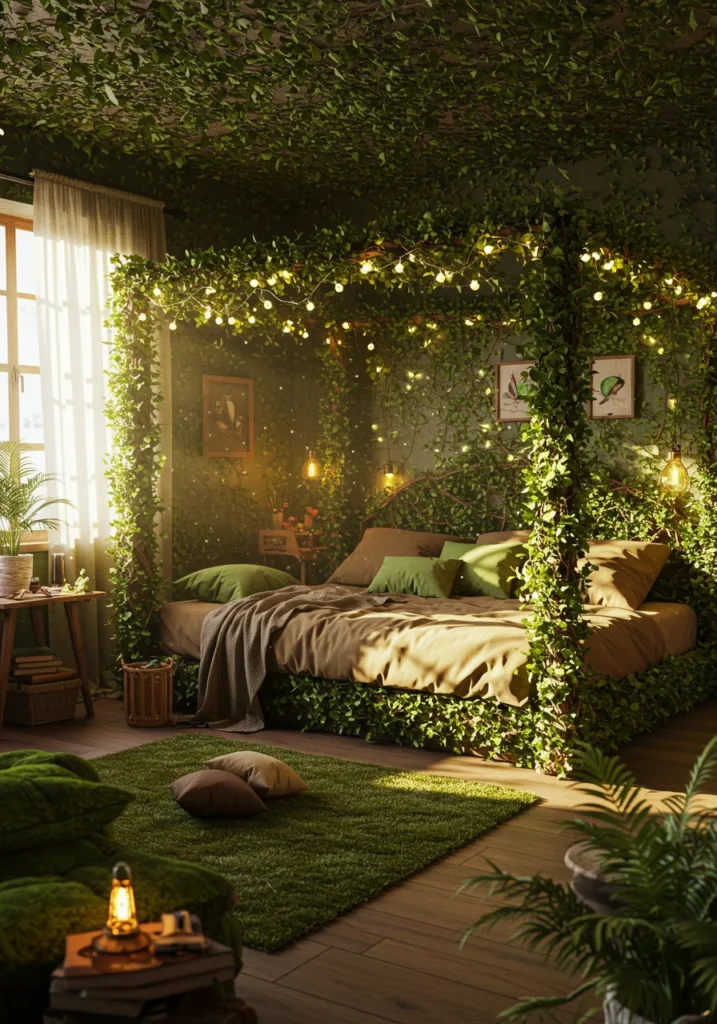 A nature-themed therian bedroom featuring vine-covered walls and earthy green tones, creating a tranquil and organic atmosphere.