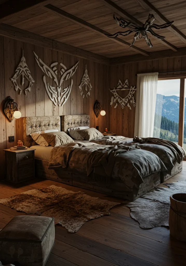 A pack-inspired therian bedroom featuring a shared sleeping space and tribal artwork, creating a communal and nature-connected atmosphere.