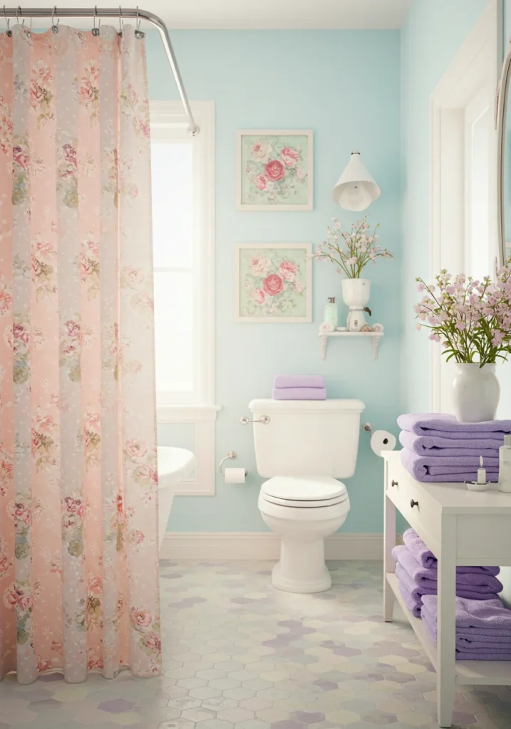 A pastel-themed bathroom with a pink shower curtain, lavender towels, and floral wall art.