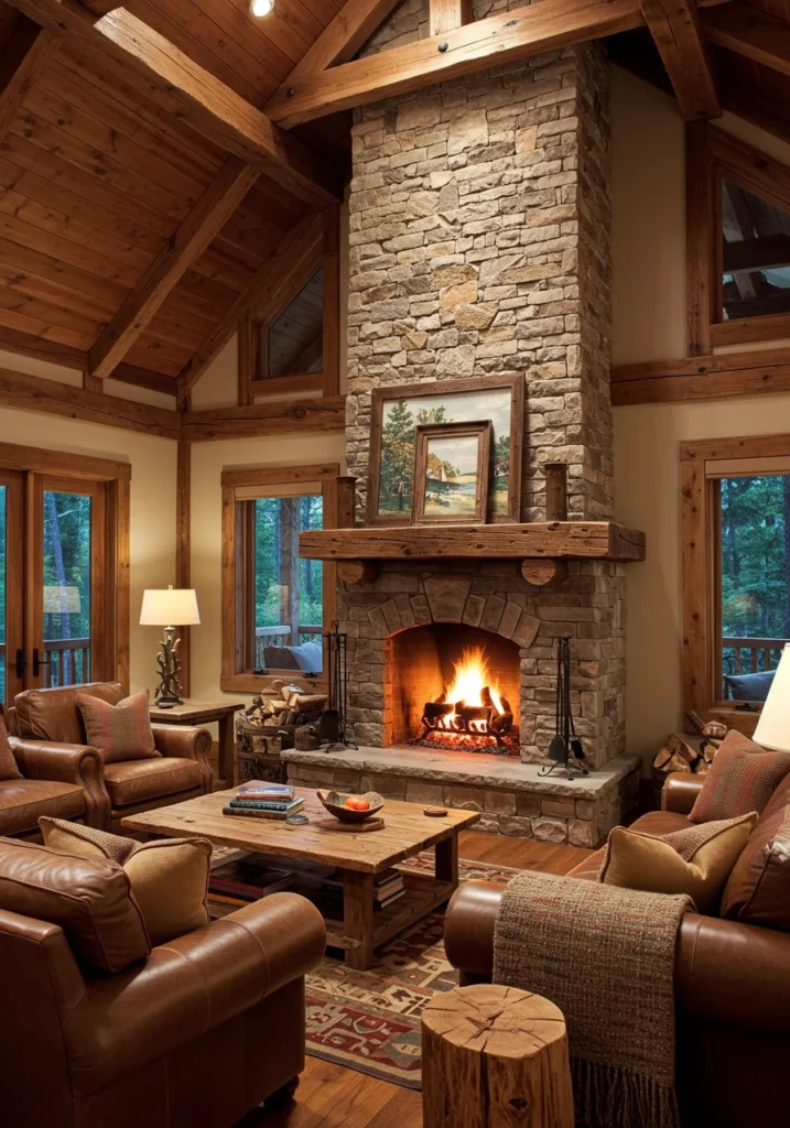 A rustic living room featuring a stone fireplace, exposed wooden beams, and cozy seating, creating a warm, cabin-inspired atmosphere.