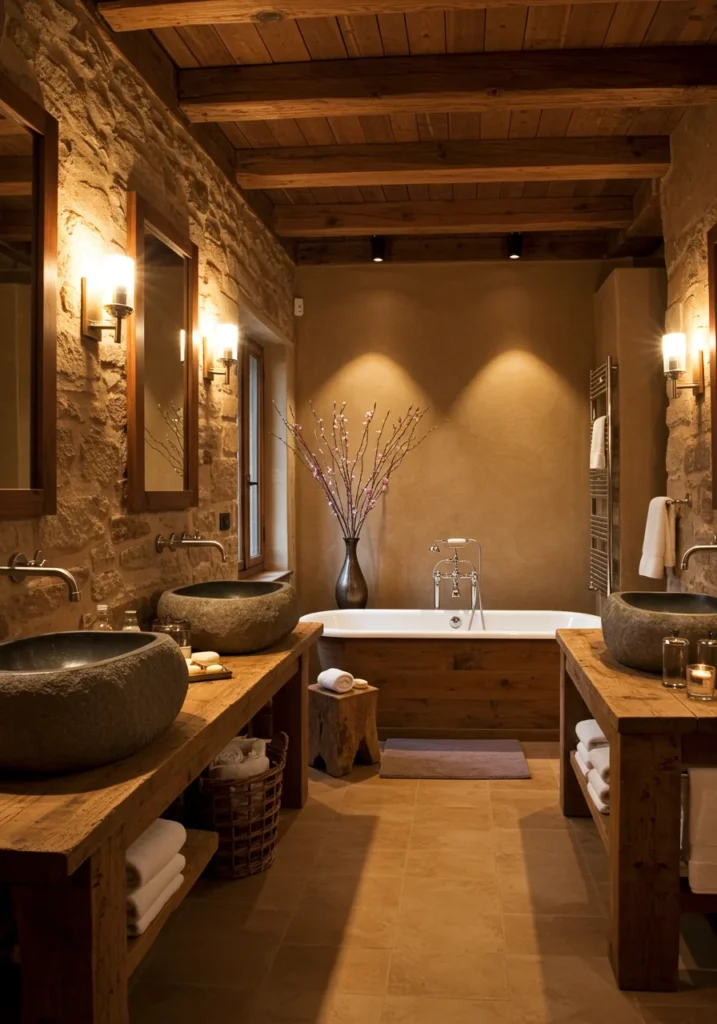 Rustic spa-inspired bathroom with exposed wooden beams, stone sinks, and warm earthy tones.