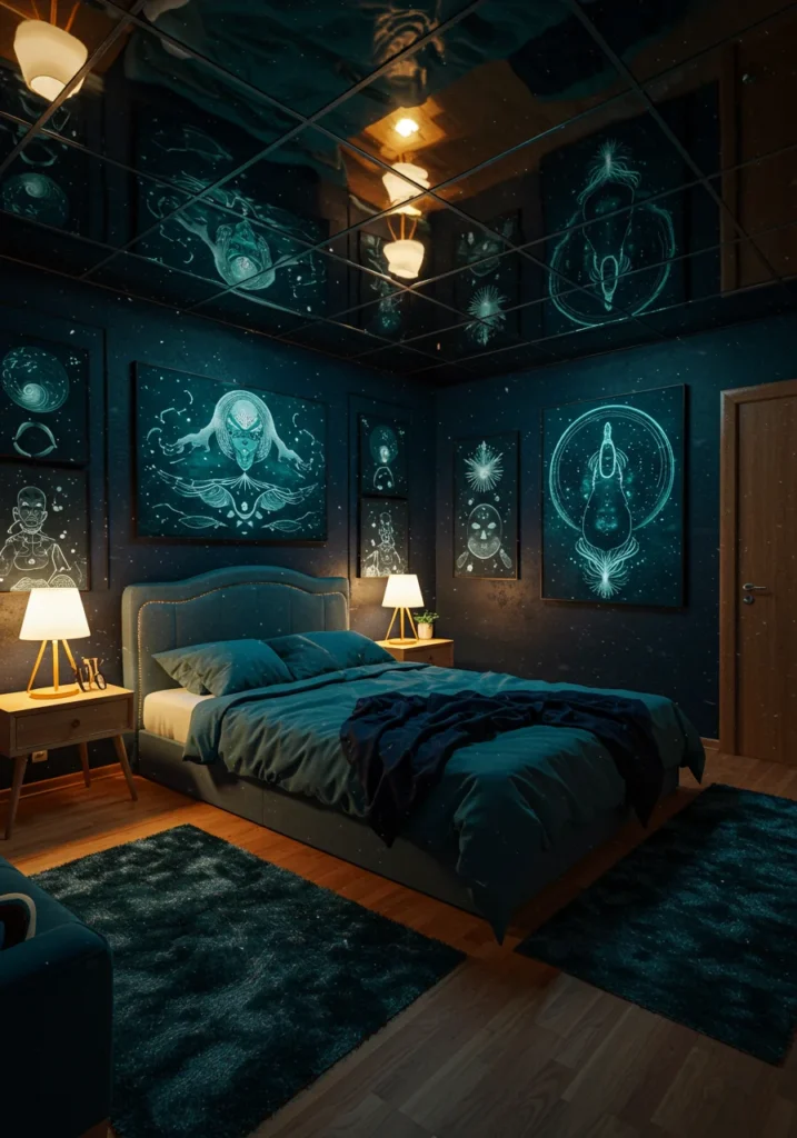 A shapeshifter-inspired therian bedroom featuring mirrored decor and dual-tone bedding, creating a transformative and dynamic atmosphere.