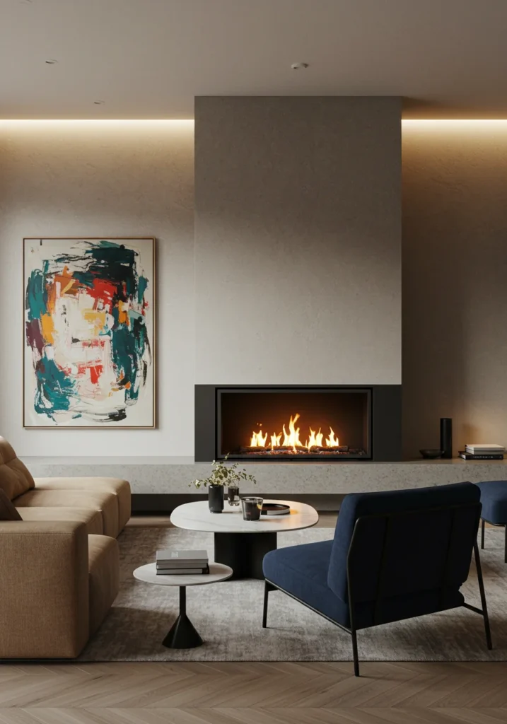A sleek, linear gas fireplace framed by a statement piece of artwork, complemented by contemporary furniture in a minimalist living room.
