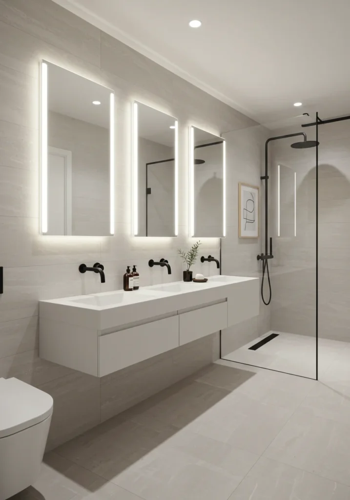 Sleek modern bathroom with a floating vanity, LED-lit mirrors, and matte black fixtures.